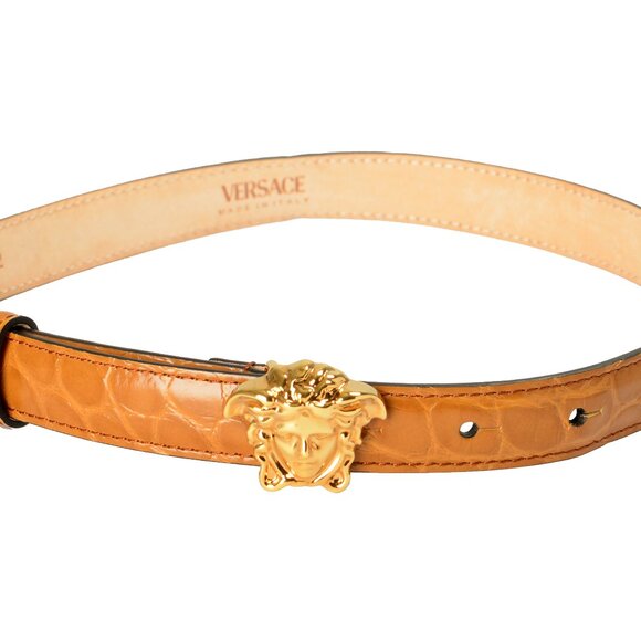 Versace Brown Croc Print 100% Leather Gold Medusa Head Skinny Belt US 22 IT 55 - Picture 2 of 5